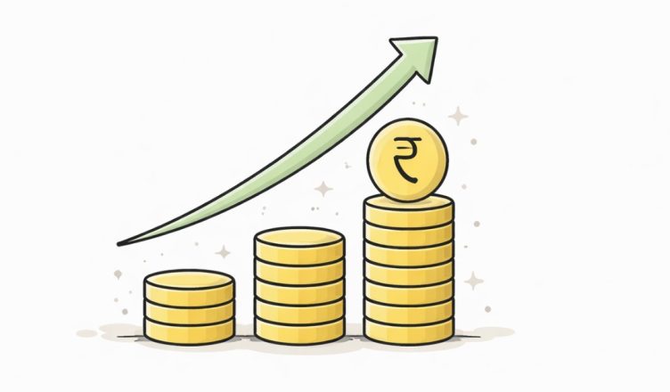 Minimal vector illustration of rising coin stacks with an upward arrow representing stock market surge and Sensex Nifty gains