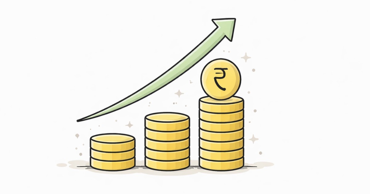 Minimal vector illustration of rising coin stacks with an upward arrow representing stock market surge and Sensex Nifty gains