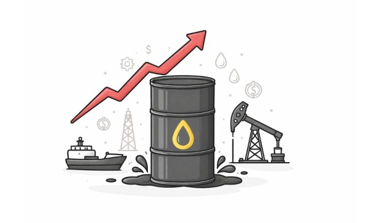 Minimal vector illustration of an oil barrel with a rising arrow symbolizing increasing oil prices, surrounded by simple energy-related icons on a clean light background.