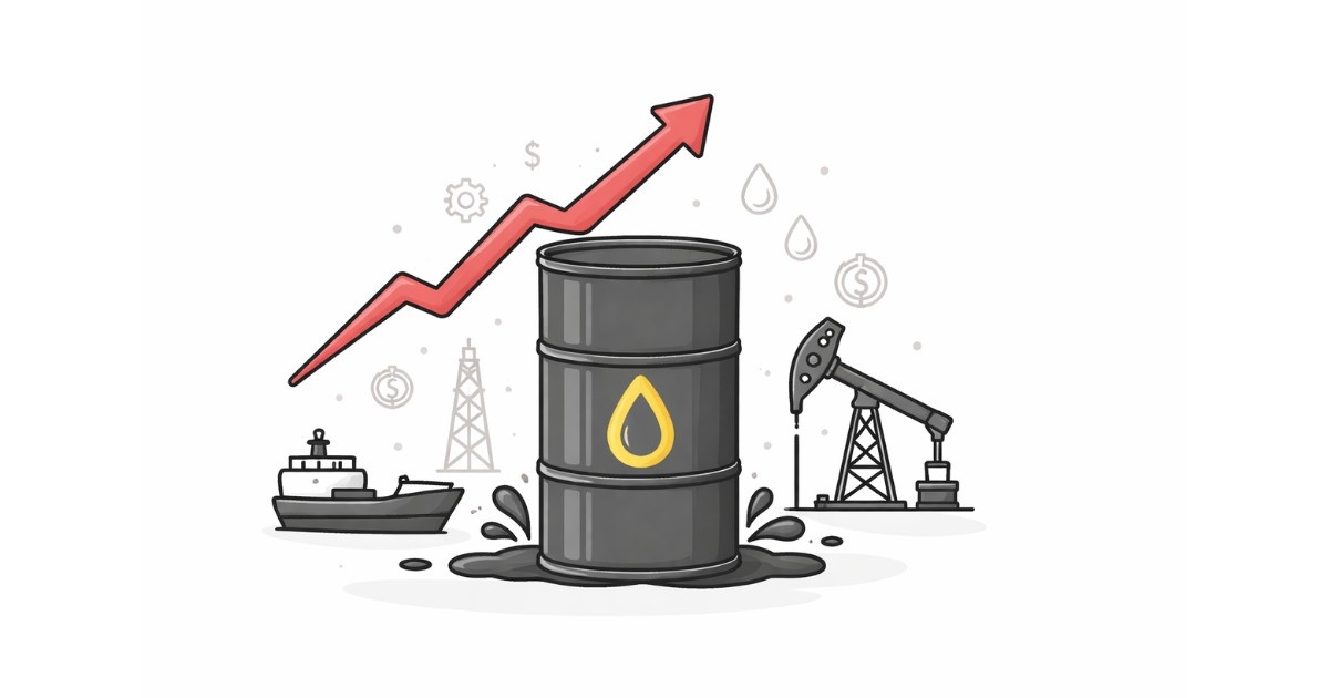 Minimal vector illustration of an oil barrel with a rising arrow symbolizing increasing oil prices, surrounded by simple energy-related icons on a clean light background.