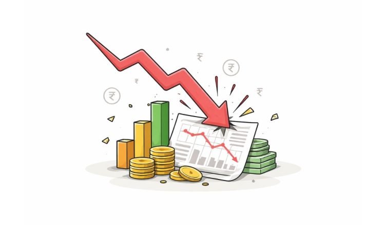 Minimal vector illustration of a downward arrow impacting financial charts and coins, symbolizing a stock market crash and loss of market value on a clean light background.