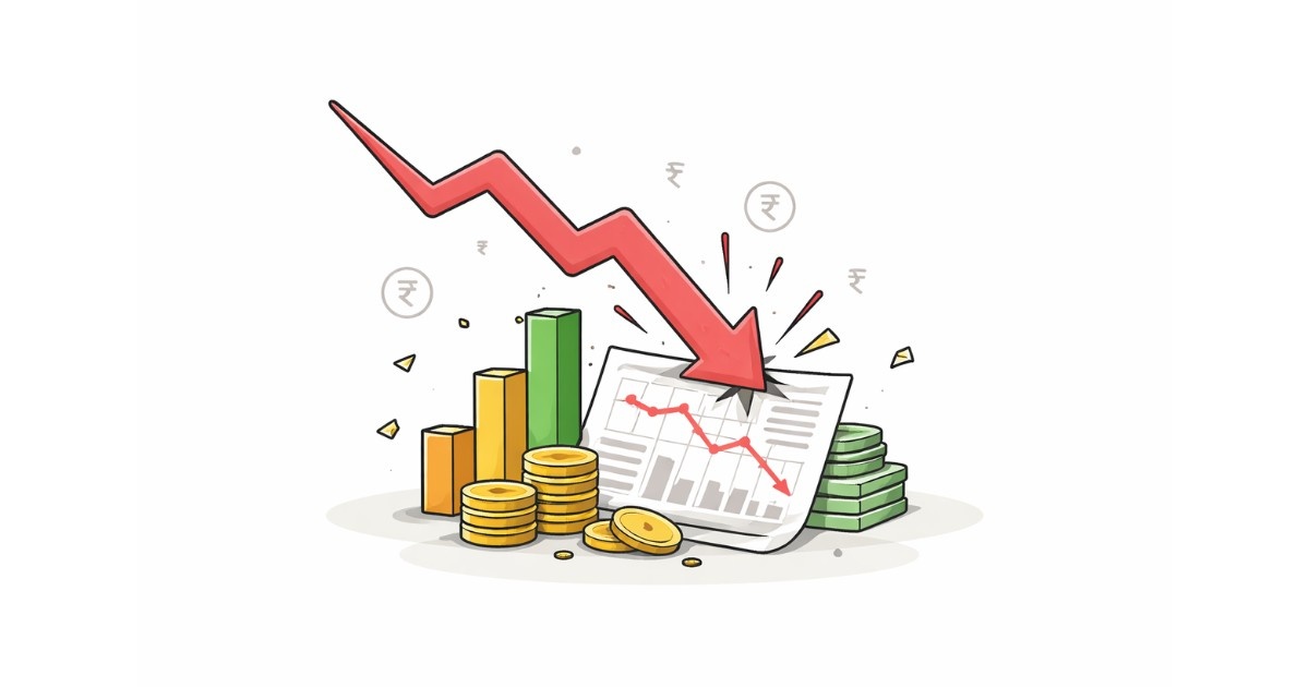 Minimal vector illustration of a downward arrow impacting financial charts and coins, symbolizing a stock market crash and loss of market value on a clean light background.
