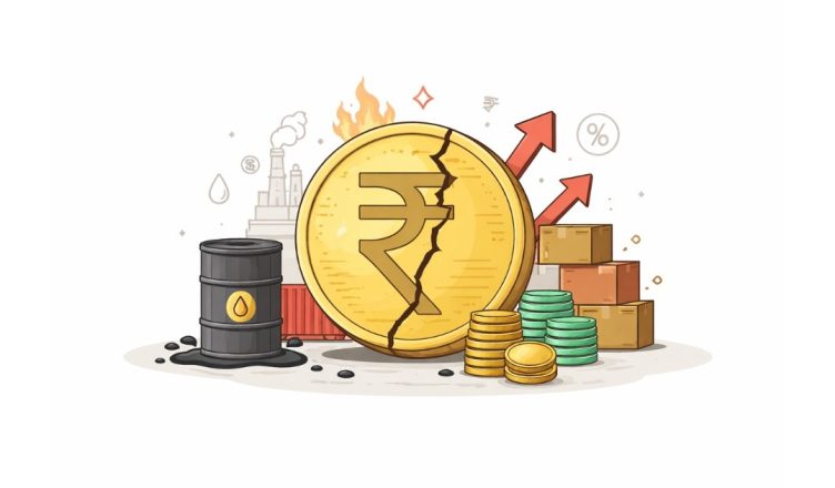 Minimal vector illustration of an economic symbol with a downward pressure arrow and subtle global disruption elements, representing the impact of global conflict on the Indian economy, set on a clean light background.