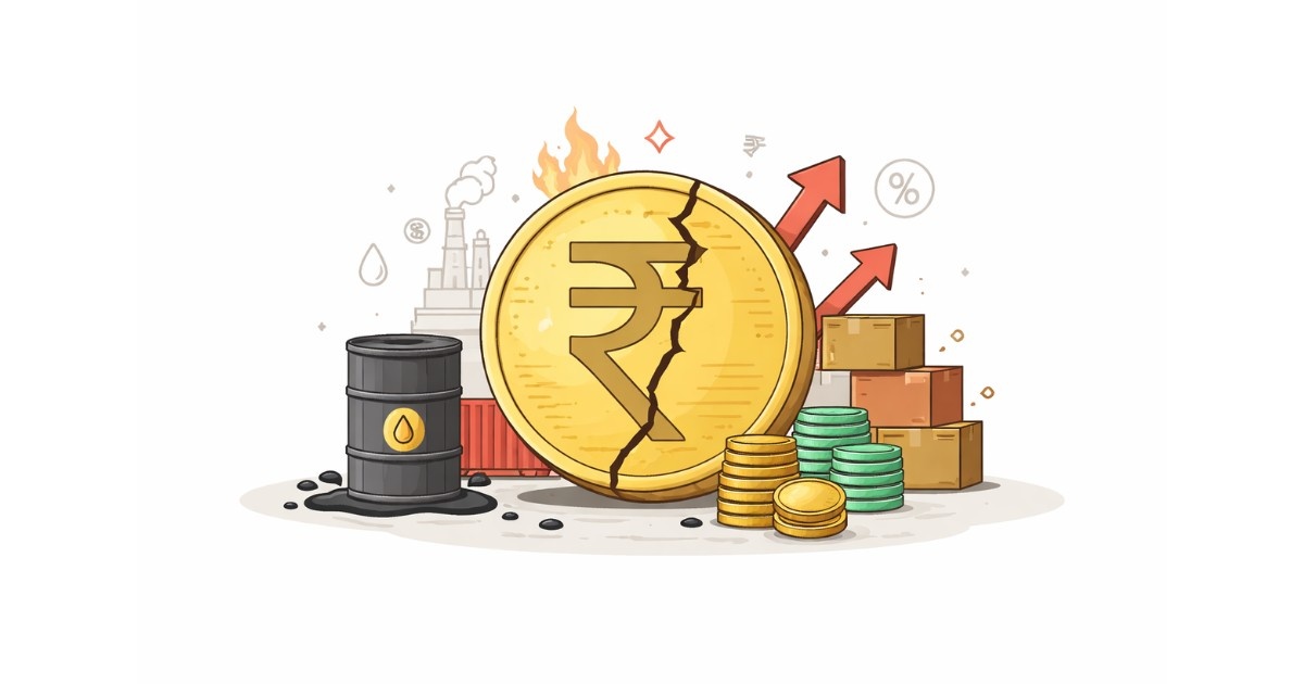 Minimal vector illustration of an economic symbol with a downward pressure arrow and subtle global disruption elements, representing the impact of global conflict on the Indian economy, set on a clean light background.