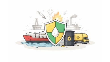 Minimal vector illustration of an oil supply symbol protected by a shield, representing efforts to secure energy supplies during geopolitical tensions, set on a clean light background.