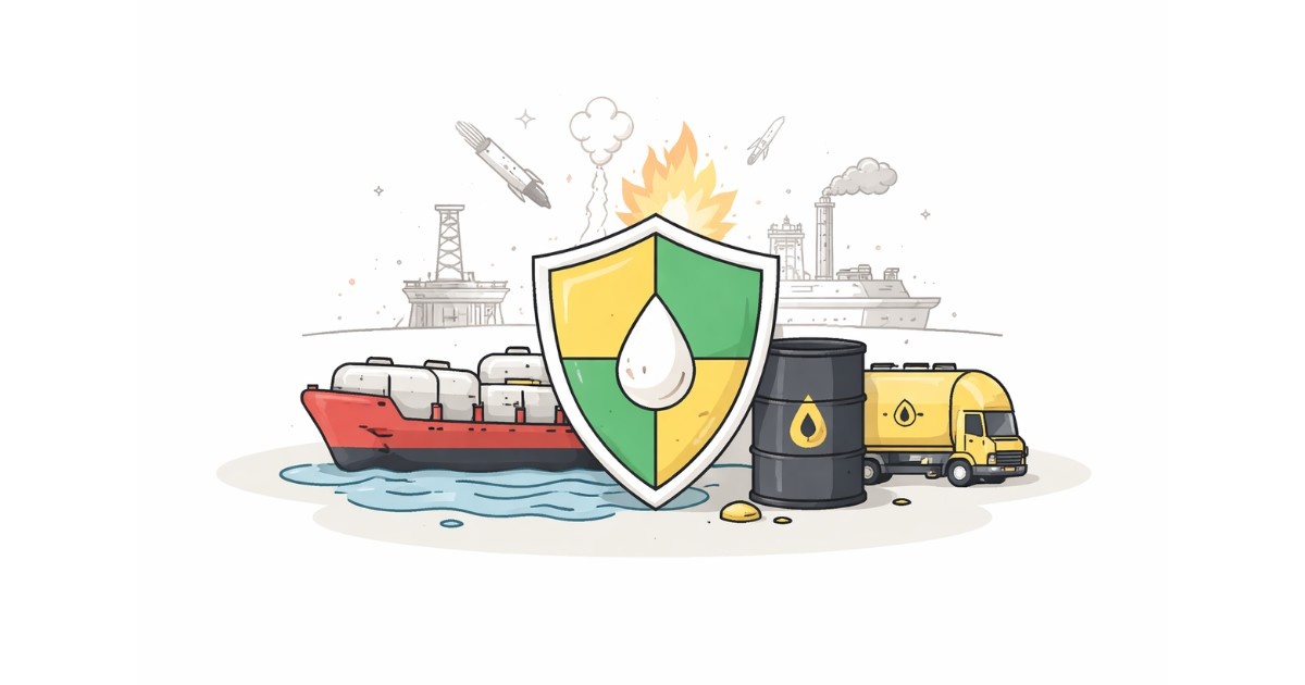 Minimal vector illustration of an oil supply symbol protected by a shield, representing efforts to secure energy supplies during geopolitical tensions, set on a clean light background.