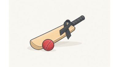 Minimal illustration of a cricket bat with a black ribbon and a ball, symbolizing a tribute by a cricket team to stampede victims ahead of IPL 2026.
