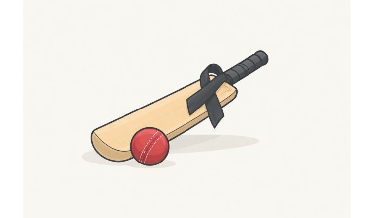 Minimal illustration of a cricket bat with a black ribbon and a ball, symbolizing a tribute by a cricket team to stampede victims ahead of IPL 2026.