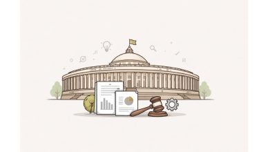 Minimal flat vector illustration of a domed legislative building with a document in the foreground, representing parliamentary proceedings and government policy updates in India.