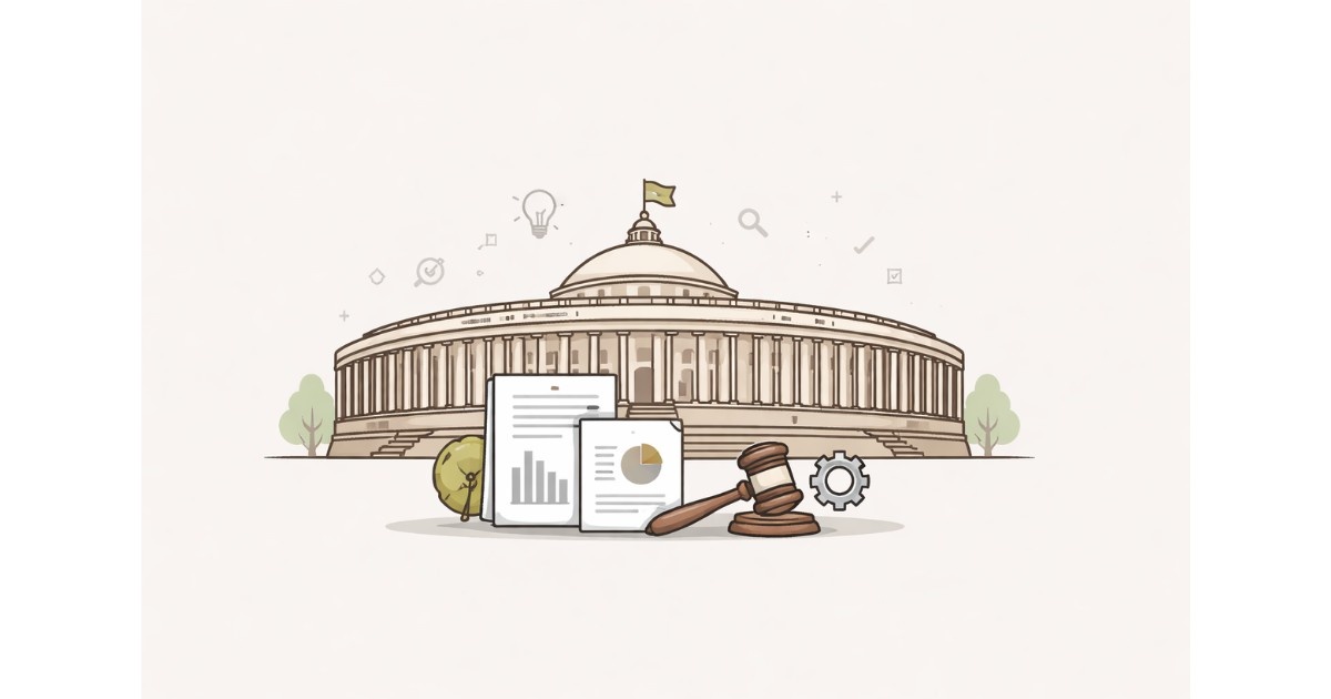 Minimal flat vector illustration of a domed legislative building with a document in the foreground, representing parliamentary proceedings and government policy updates in India.
