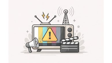 Minimal flat vector illustration of a television screen displaying a warning symbol, representing disruption in broadcast media operations, with clean line art and neutral tones on a light background.