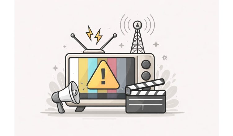 Minimal flat vector illustration of a television screen displaying a warning symbol, representing disruption in broadcast media operations, with clean line art and neutral tones on a light background.