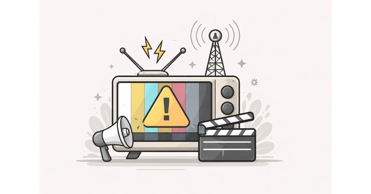 Minimal flat vector illustration of a television screen displaying a warning symbol, representing disruption in broadcast media operations, with clean line art and neutral tones on a light background.