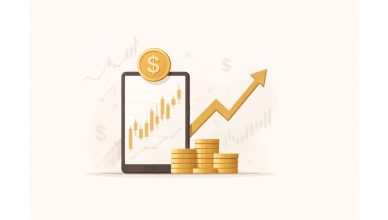 Minimal flat vector illustration of a smartphone displaying a rising stock market chart with stacked coins and an upward arrow, representing rapid financial gains and market volatility.