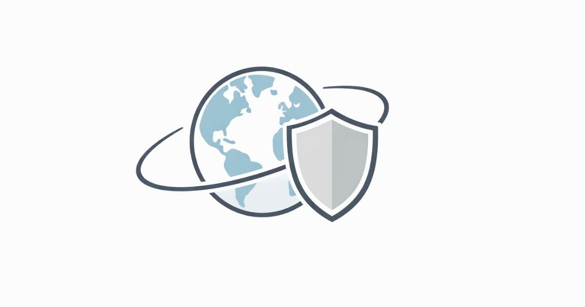 Minimal vector illustration of a shield surrounding a globe symbol, representing protection of citizens abroad with a clean and neutral design.