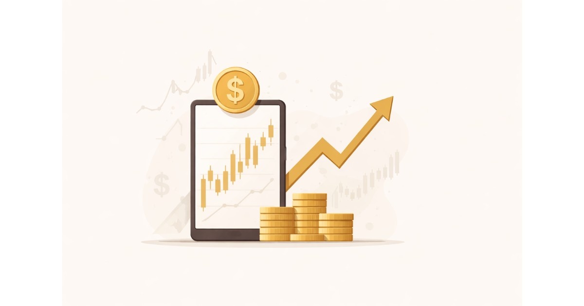 Minimal flat vector illustration of a smartphone displaying a rising stock market chart with stacked coins and an upward arrow, representing rapid financial gains and market volatility.