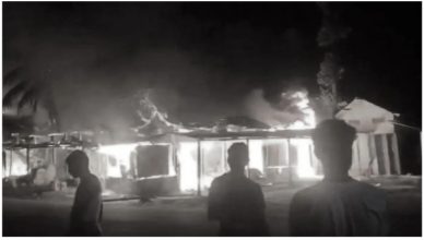 Fire destroys multiple shops at Threeniali Market in Abhayapuri Assam ночью