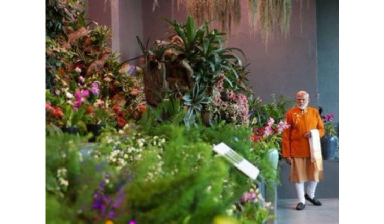 Prime Minister Narendra Modi visiting Orchidarium at Swarnajayanti Maitri Manjari Park in Gangtok, observing Himalayan orchids and interacting with officials