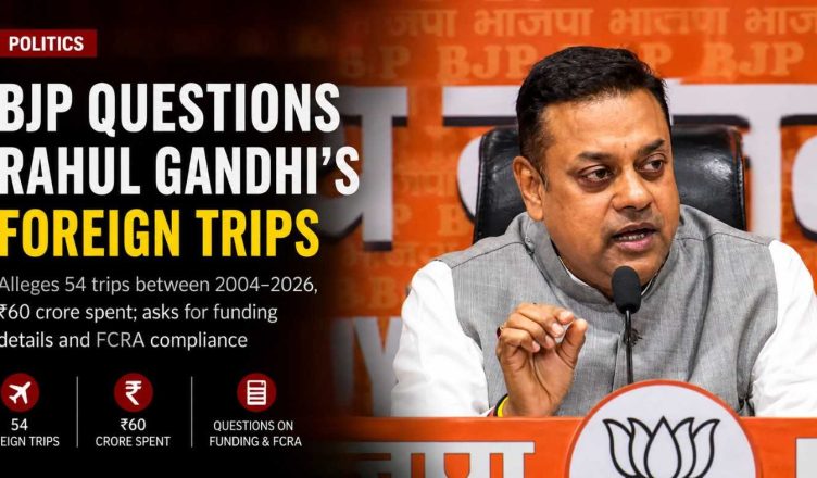 “BJP spokesperson Sambit Patra addressing a press conference on Rahul Gandhi’s foreign travel expenses in New Delhi”