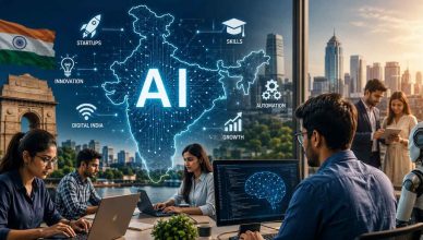 “Illustration representing India’s rapid artificial intelligence growth across startups, technology, and business sectors”