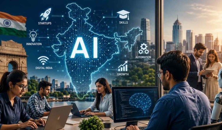 “Illustration representing India’s rapid artificial intelligence growth across startups, technology, and business sectors”