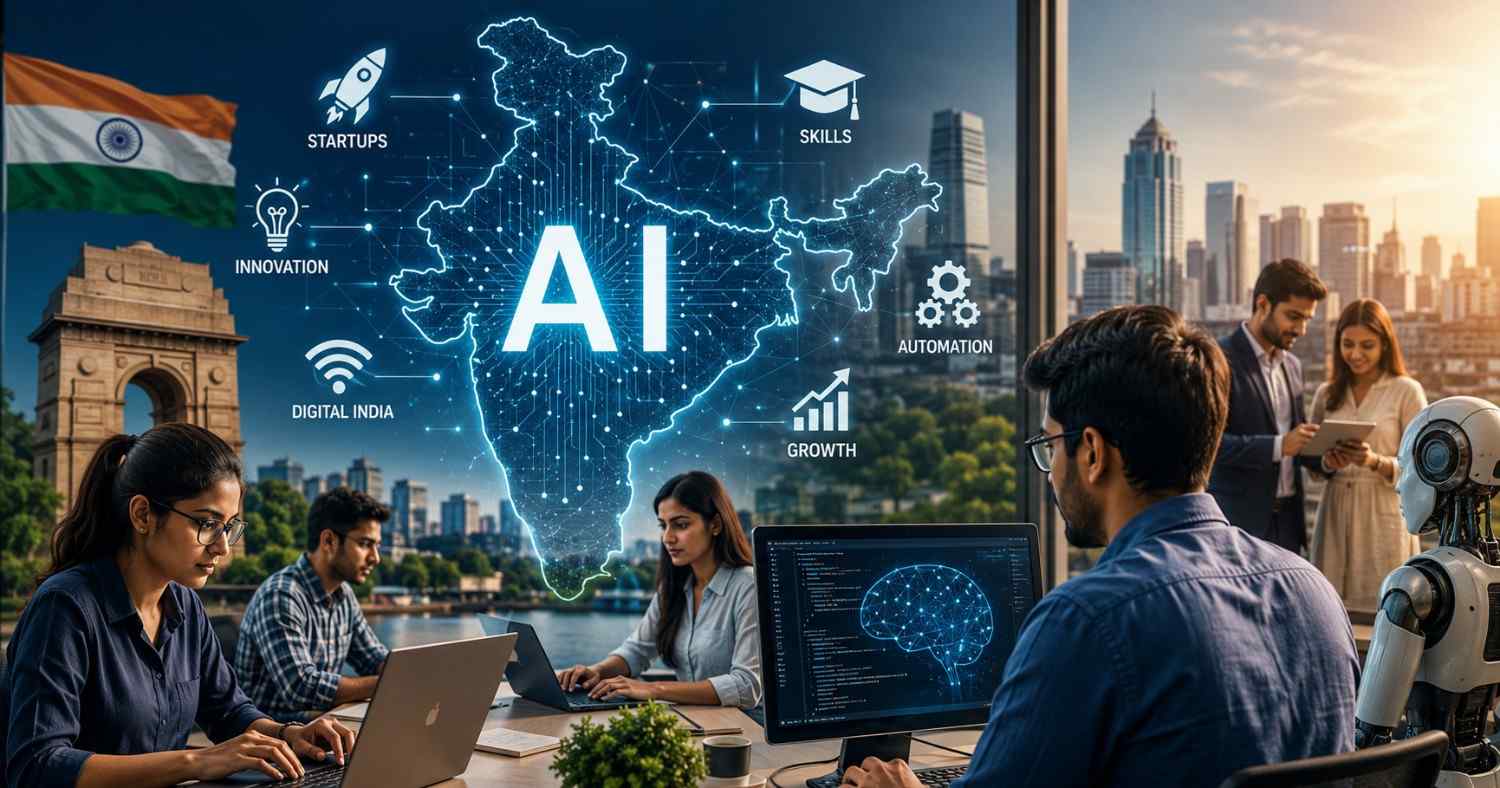 “Illustration representing India’s rapid artificial intelligence growth across startups, technology, and business sectors”