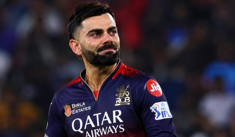 “Virat Kohli showing an emotional reaction during an IPL match as fans cheer in the stadium”