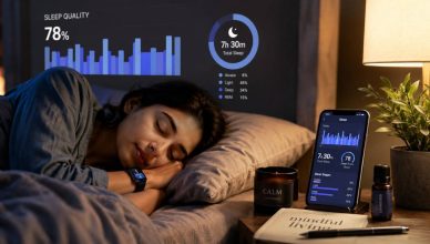“Young Indian Gen Z woman tracking sleep quality on smartphone while resting in a modern bedroom”