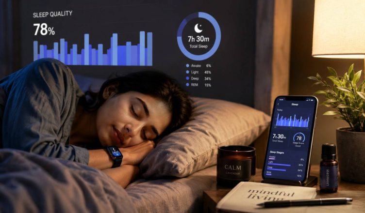 “Young Indian Gen Z woman tracking sleep quality on smartphone while resting in a modern bedroom”