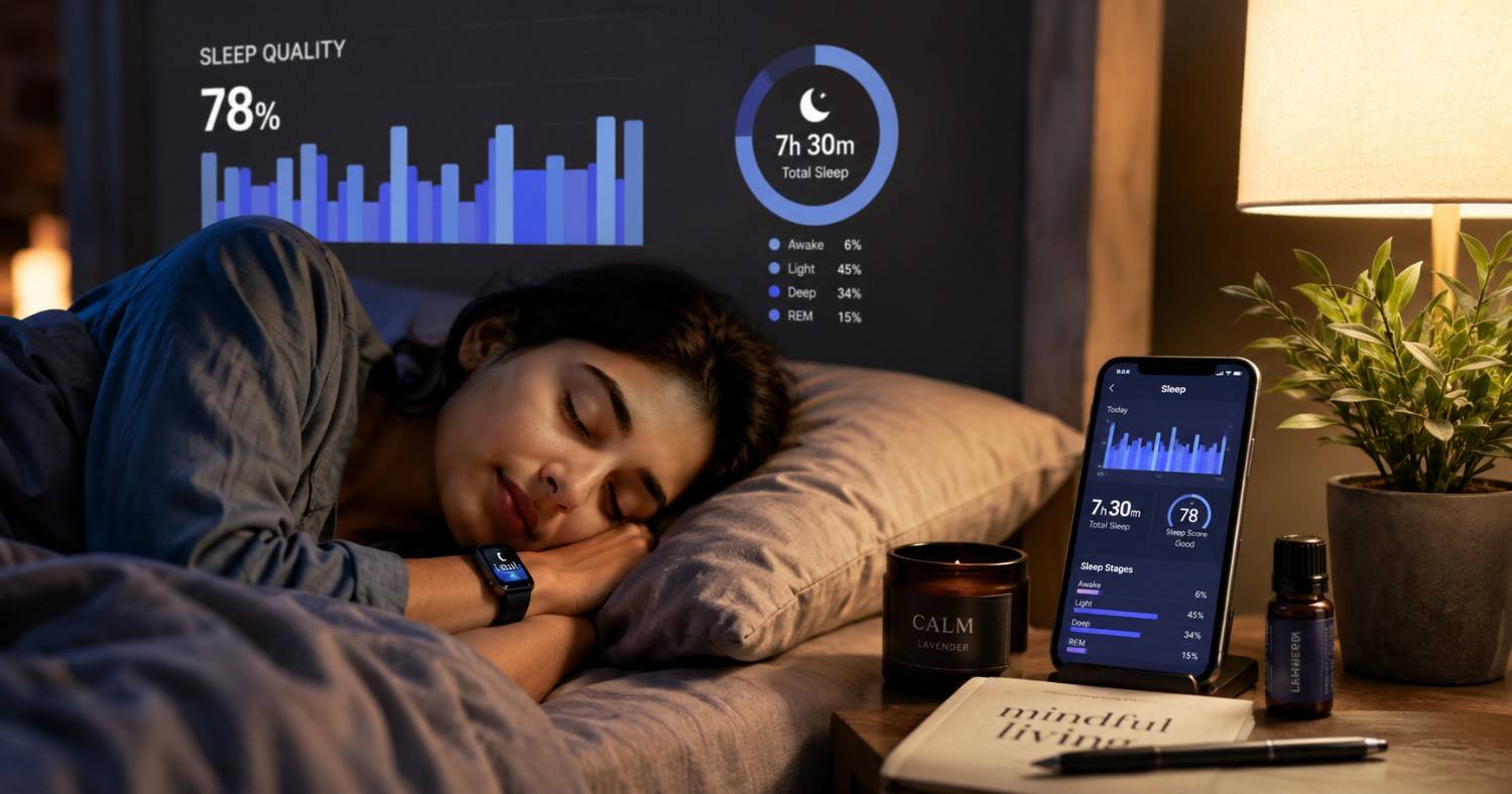 “Young Indian Gen Z woman tracking sleep quality on smartphone while resting in a modern bedroom”