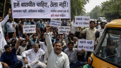 Delhi taxi and auto drivers protesting during the ongoing transport strike causing commuter disruption across the city