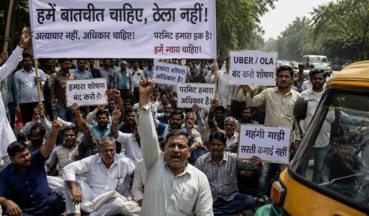 Delhi taxi and auto drivers protesting during the ongoing transport strike causing commuter disruption across the city