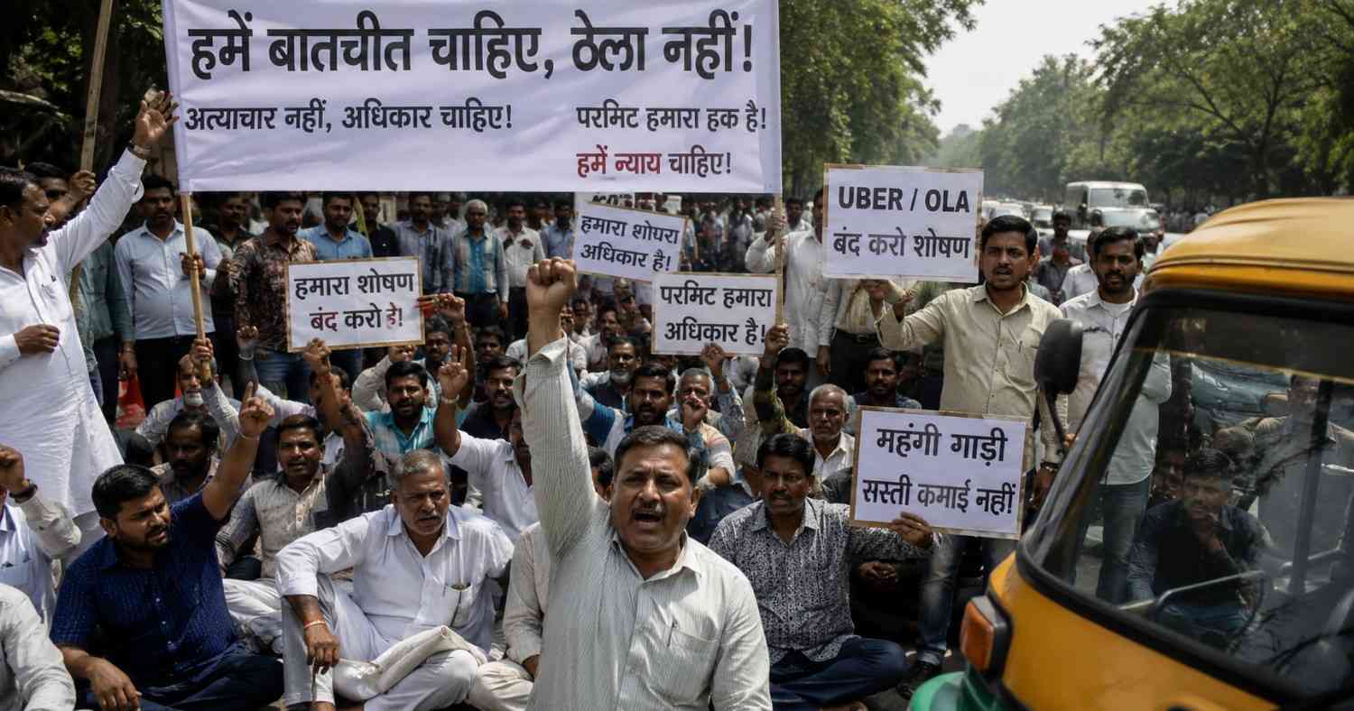 Delhi taxi and auto drivers protesting during the ongoing transport strike causing commuter disruption across the city