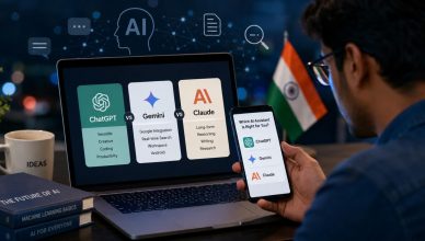 A digital illustration showing ChatGPT, Gemini and Claude AI assistants being compared by Indian users on smartphones and laptops.