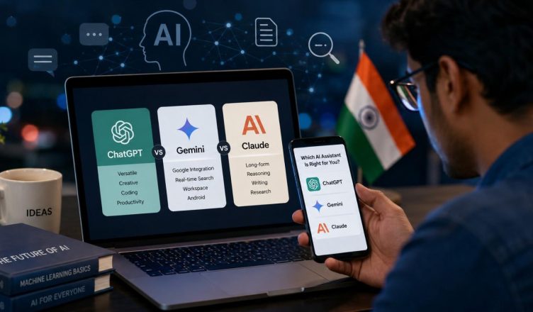 A digital illustration showing ChatGPT, Gemini and Claude AI assistants being compared by Indian users on smartphones and laptops.