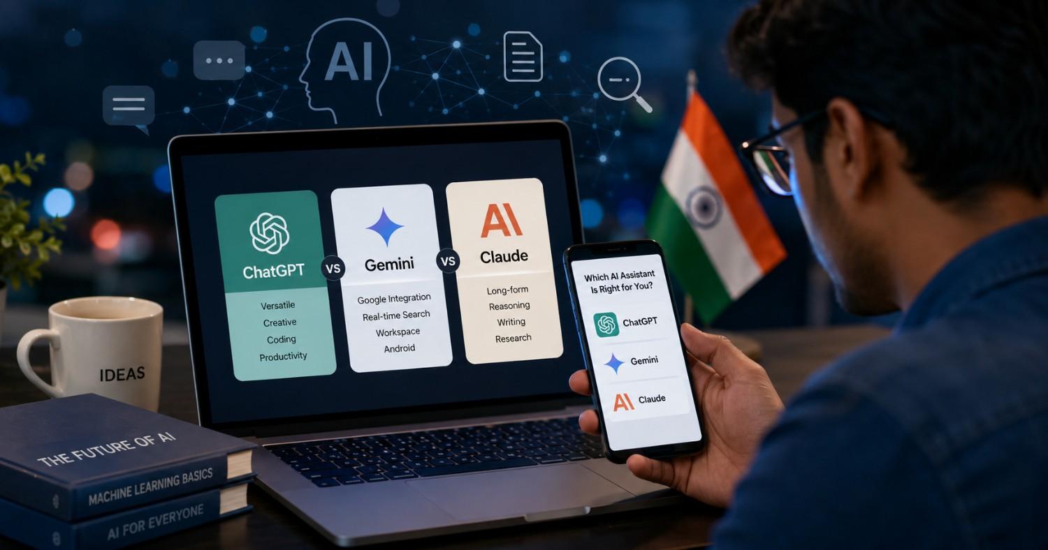 A digital illustration showing ChatGPT, Gemini and Claude AI assistants being compared by Indian users on smartphones and laptops.