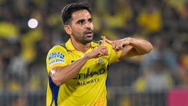 Deepak Chahar celebrating during an IPL match with his viral no-chit gesture
