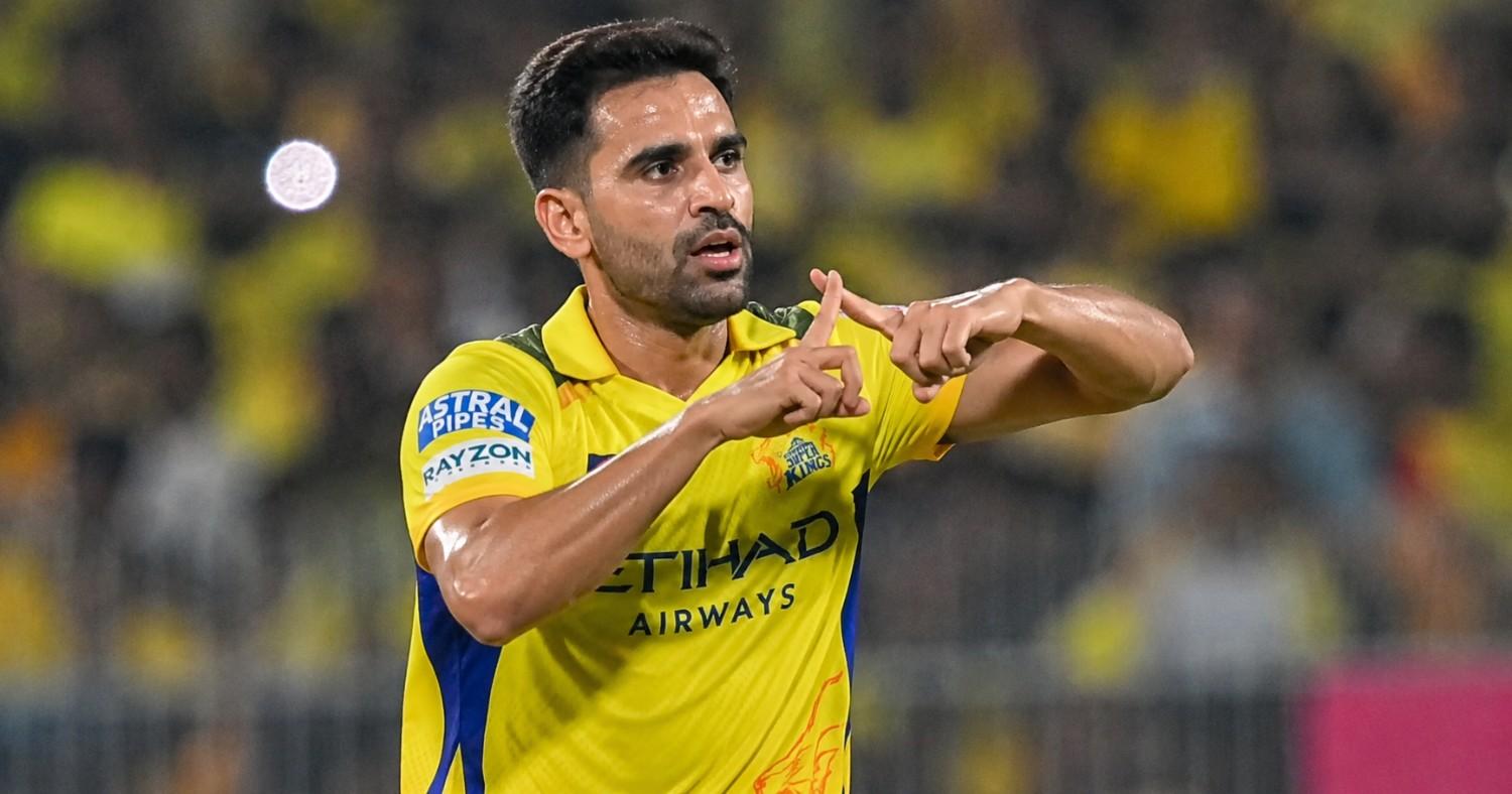 Deepak Chahar celebrating during an IPL match with his viral no-chit gesture
