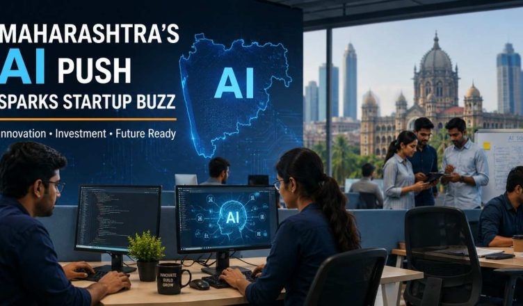 “Maharashtra AI ecosystem illustration showing startups, digital innovation, and technology infrastructure growth”