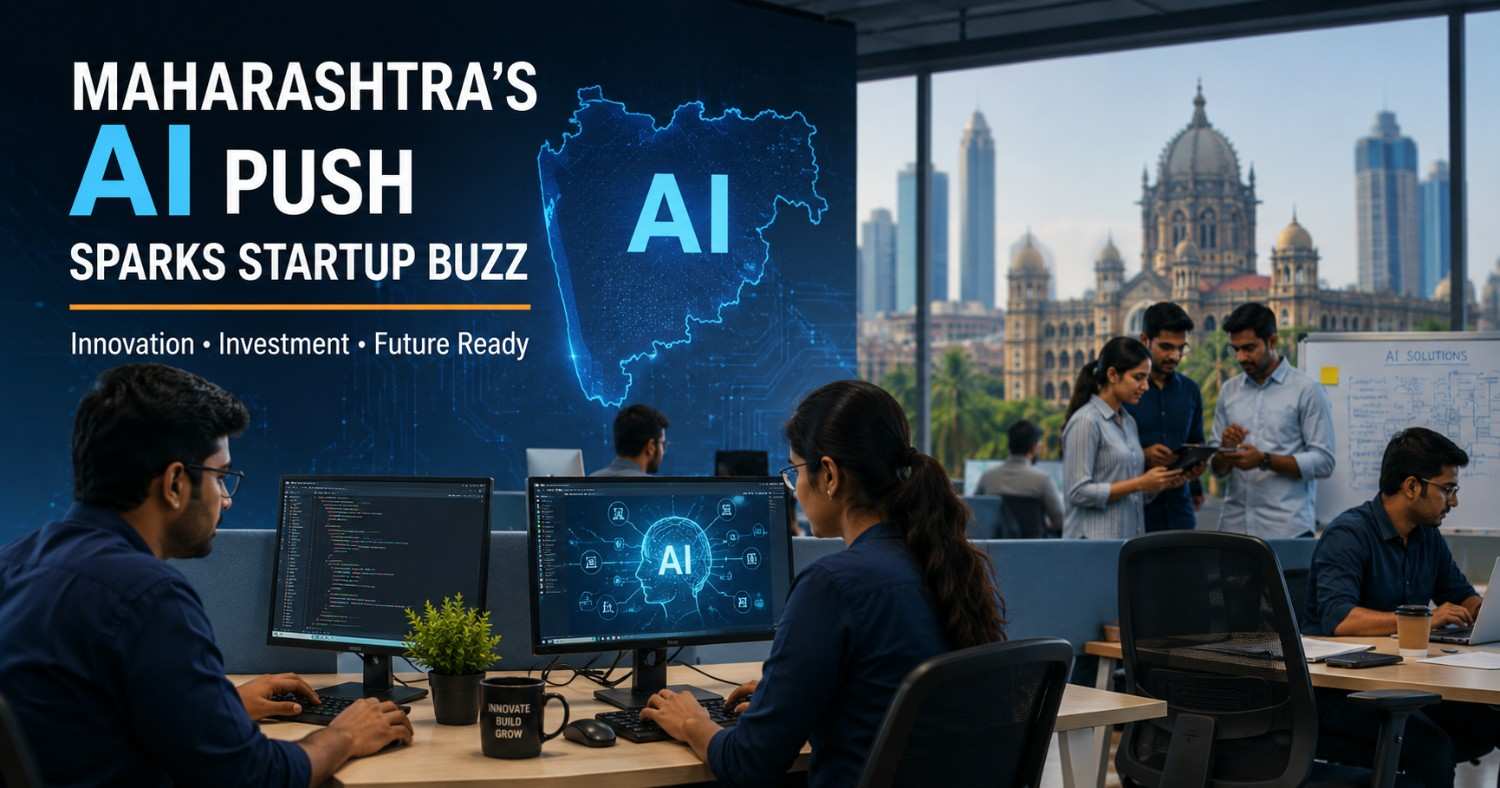“Maharashtra AI ecosystem illustration showing startups, digital innovation, and technology infrastructure growth”