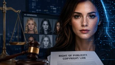 “AI-generated celebrity portraits displayed on digital screens as legal and copyright concerns over synthetic media grow in 2026”