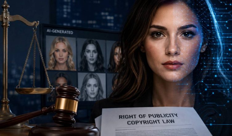 “AI-generated celebrity portraits displayed on digital screens as legal and copyright concerns over synthetic media grow in 2026”