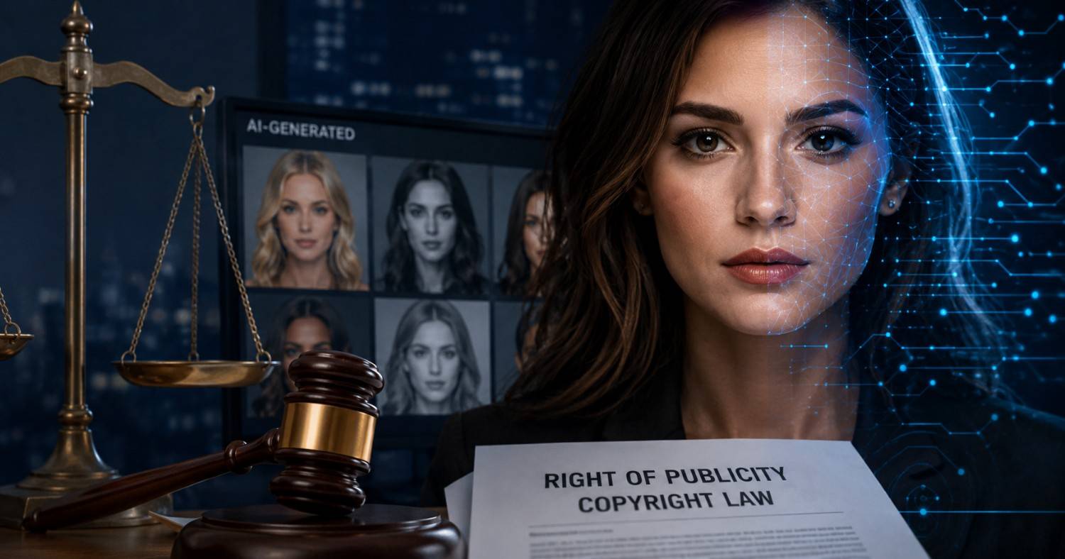 “AI-generated celebrity portraits displayed on digital screens as legal and copyright concerns over synthetic media grow in 2026”