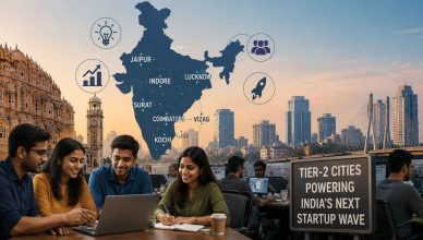 Entrepreneurs working in a modern startup office representing the rise of startups in India’s tier-2 cities