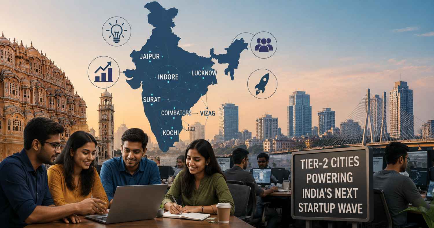 Entrepreneurs working in a modern startup office representing the rise of startups in India’s tier-2 cities