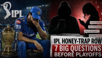 IPL-themed editorial illustration showing cricket stadium lights, silhouettes of players, smartphones, and social media controversy symbols ahead of playoffs