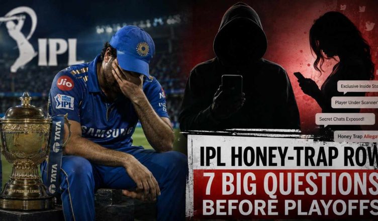 IPL-themed editorial illustration showing cricket stadium lights, silhouettes of players, smartphones, and social media controversy symbols ahead of playoffs