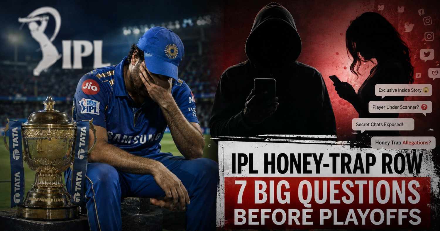 IPL-themed editorial illustration showing cricket stadium lights, silhouettes of players, smartphones, and social media controversy symbols ahead of playoffs