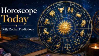 Astrological zodiac wheel featuring all 12 zodiac signs against a cosmic night sky background representing daily horoscope predictions.