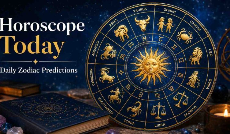 Astrological zodiac wheel featuring all 12 zodiac signs against a cosmic night sky background representing daily horoscope predictions.